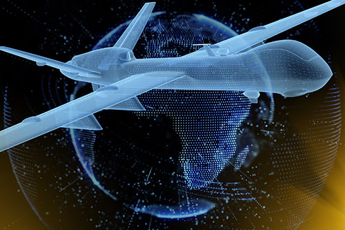 graphic of drone with digital globe in background