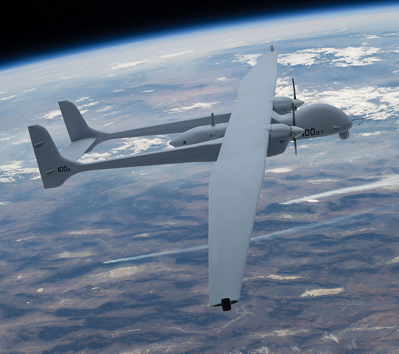 military drone flying above earth with ground visible below